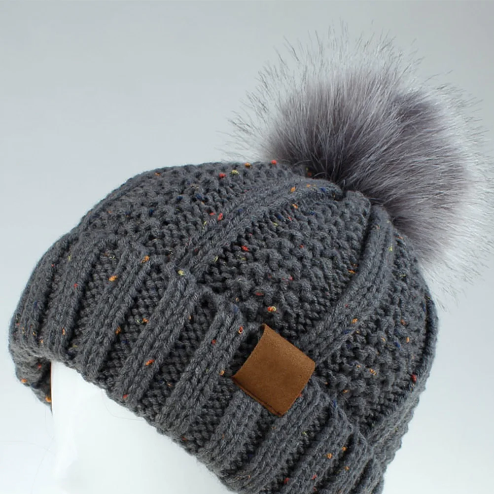 

Faux Fox Hat Knitted Warm Braid Hair Ball Winter Cap Imitation Hair Lightweight Dark Grey Random Style For Women Men
