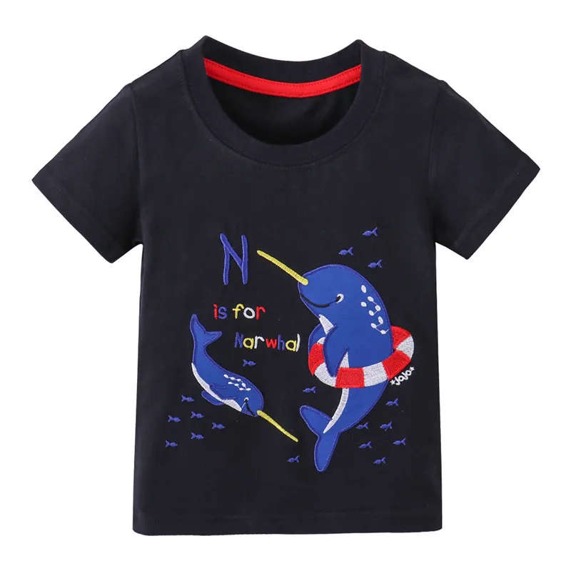 2-7T Boys Tshirts Animals Embroidery Letters Short Sleeve Kids T Shirts Summer Children's Clothing Fashion Baby Tees Tops