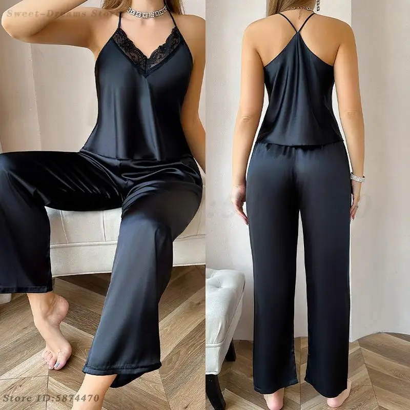 

Female Suspender Pajamas Set Intimate Lingerie Summer New Ice Silk Sleepwear Home Clothes Sexy Lace Pyjama Pour Femme Loungewear