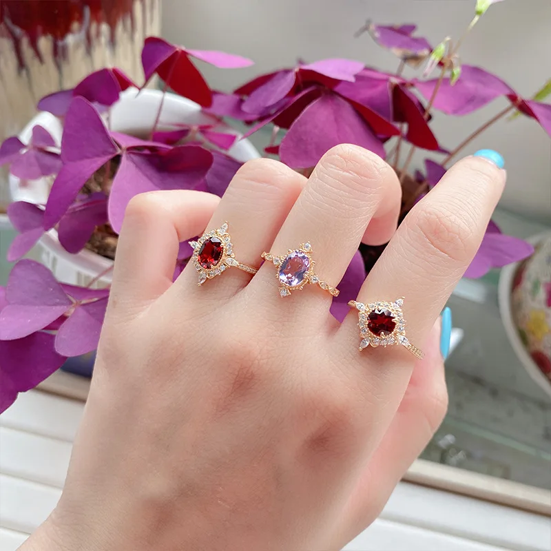 Cincin zirkonia Vintage Garnet wanita, perhiasan tangan geometris cincin kristal perak 925