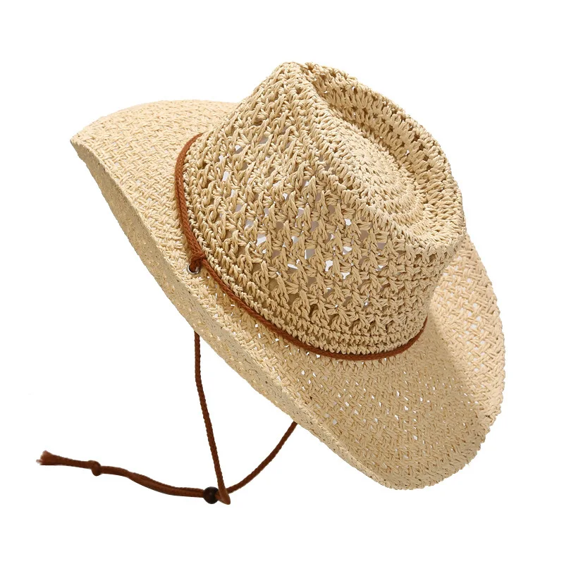 New Handmade Weaving Western Cowboy Straw Hat with Hollow Breathable Sunshade cap for Outdoor Beach Travel