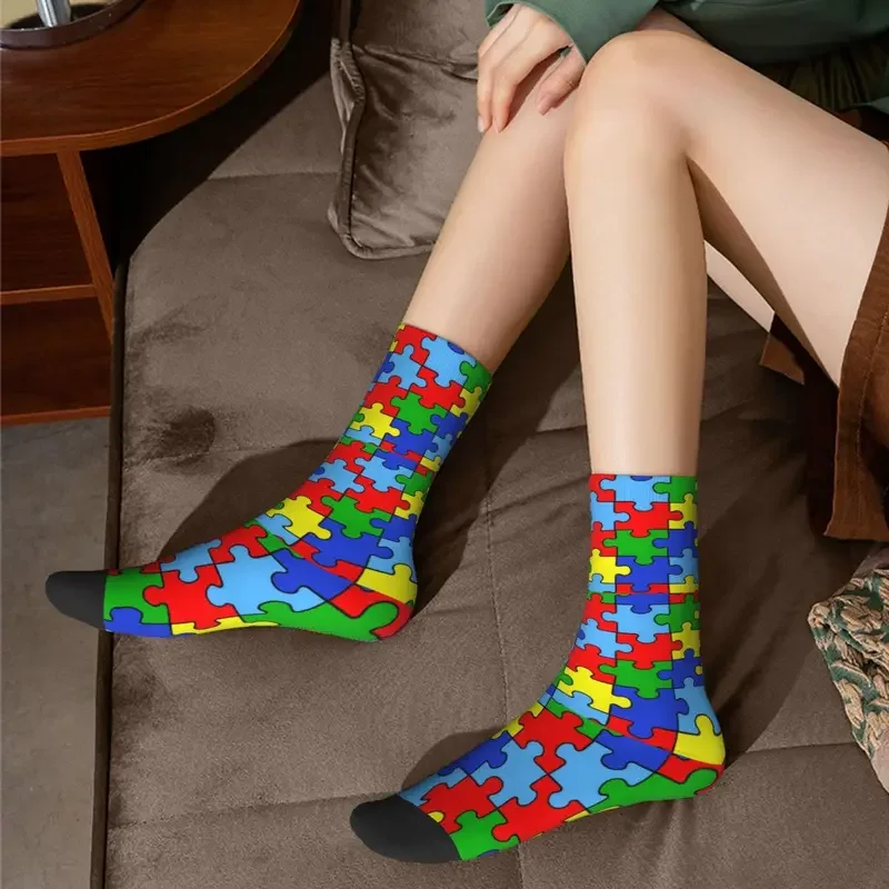 Y2K Autumn Winter Crazy Design Men'S Women'S Autism Puzzle Pieces Ribbon Awareness Breathable Basketball Socks