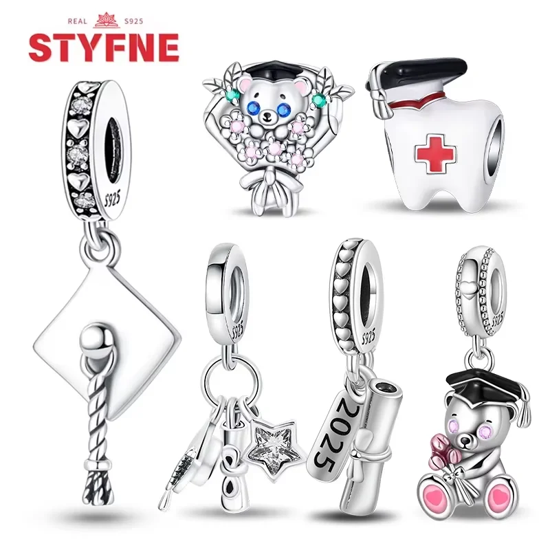 

925 Sterling Silver 2024 Bow Book Scroll Bead Charms Cute Bear Beads Making Graduation Original Bracelet for Women Fine Gifts