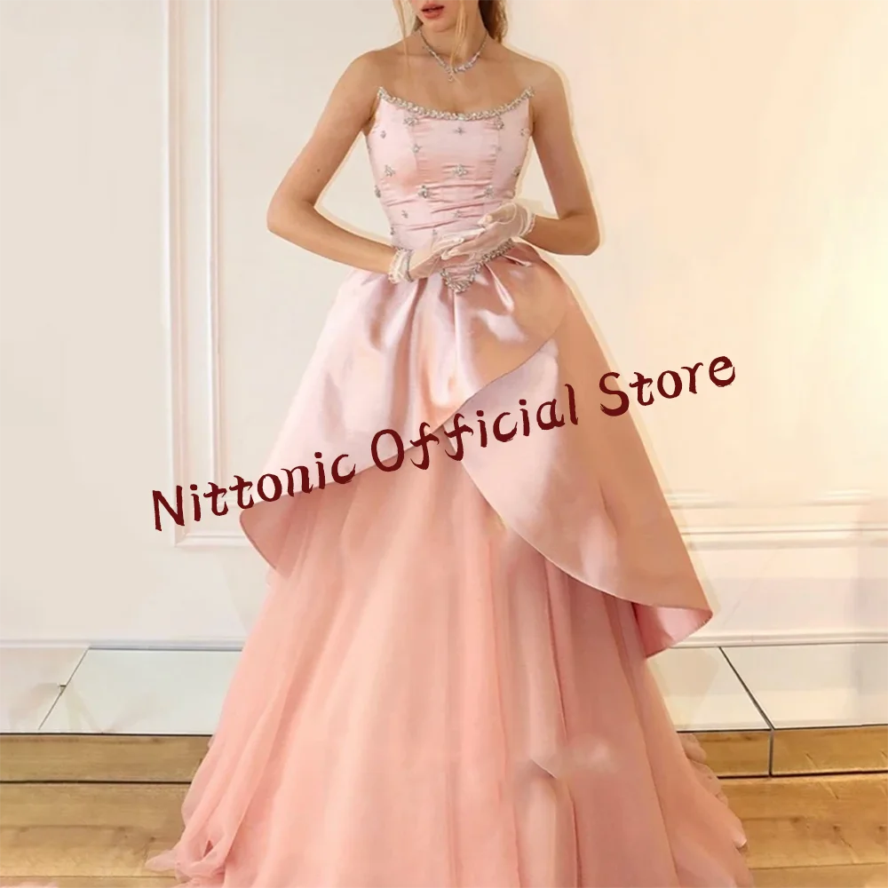 

Classic Satin Strapless Beading Pleat A-Line Formal Evening Dresses Birthday Party Prom Gowns Customized