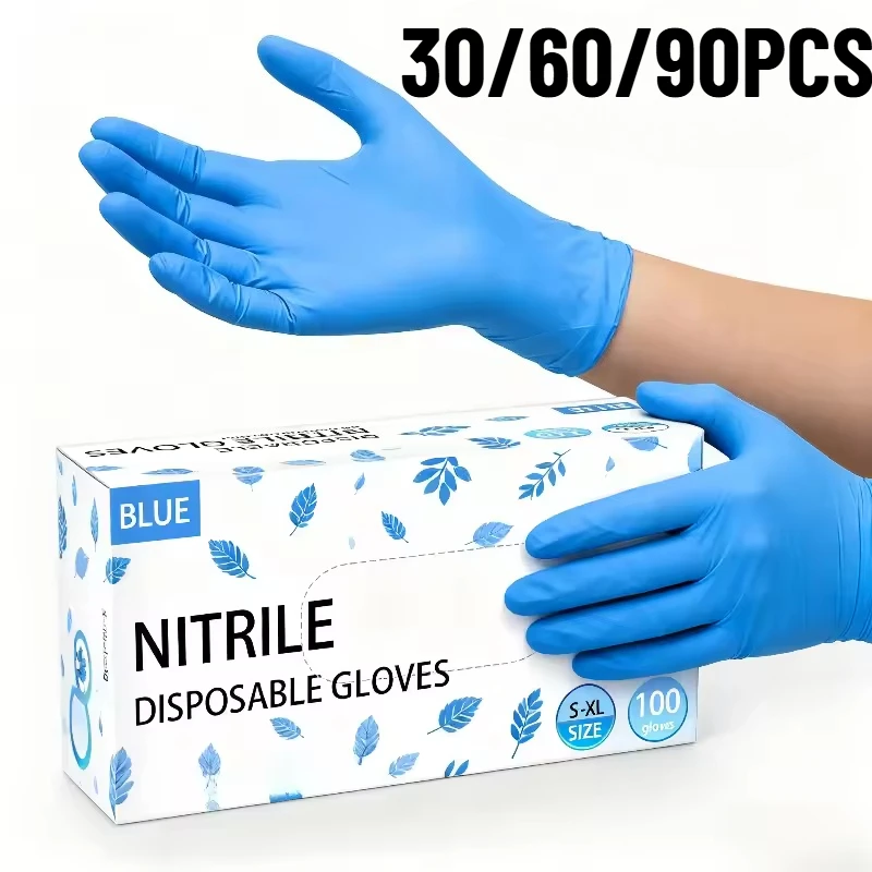 30/60/90 Uds guantes de nitrilo azul guantes de limpieza desechables baño de mascotas peluquería limpieza del hogar teñido del cabello herramientas impermeables
