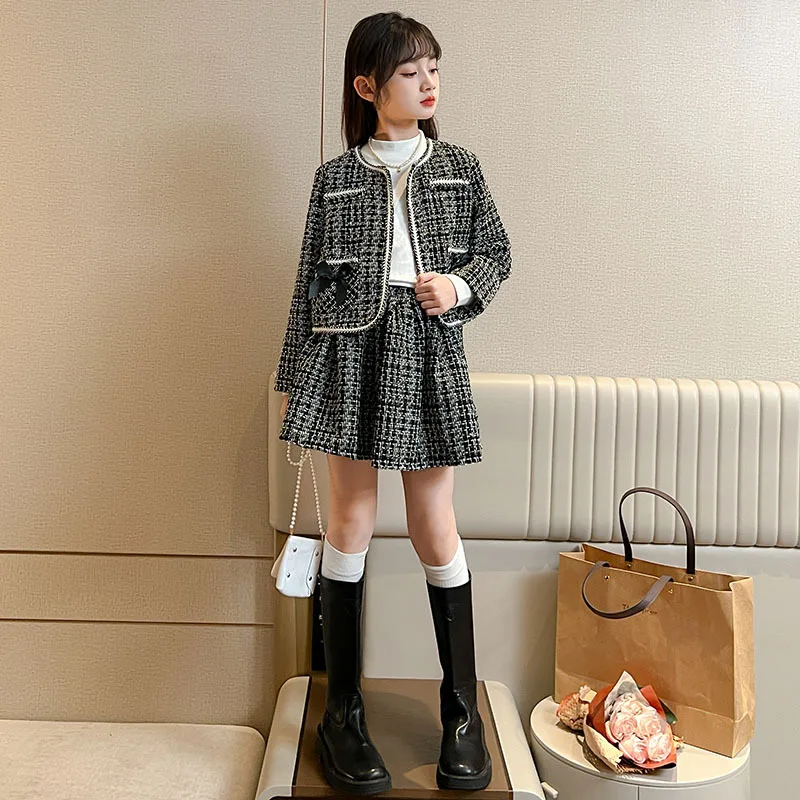 

Autumn Korean Junior Girl Two-piece Outfit Children Girls Bowknot Round Neck Coat Kids Girls Pleated Skirt 4-14Y Girls Plaid Set