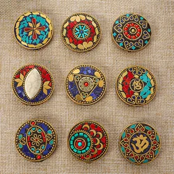 Nepalese Buddhist Handmade Flat Round 44mm Tibetan Brass Metal & Clay Loose Craft Beads for Jewelry Making DIY Necklace