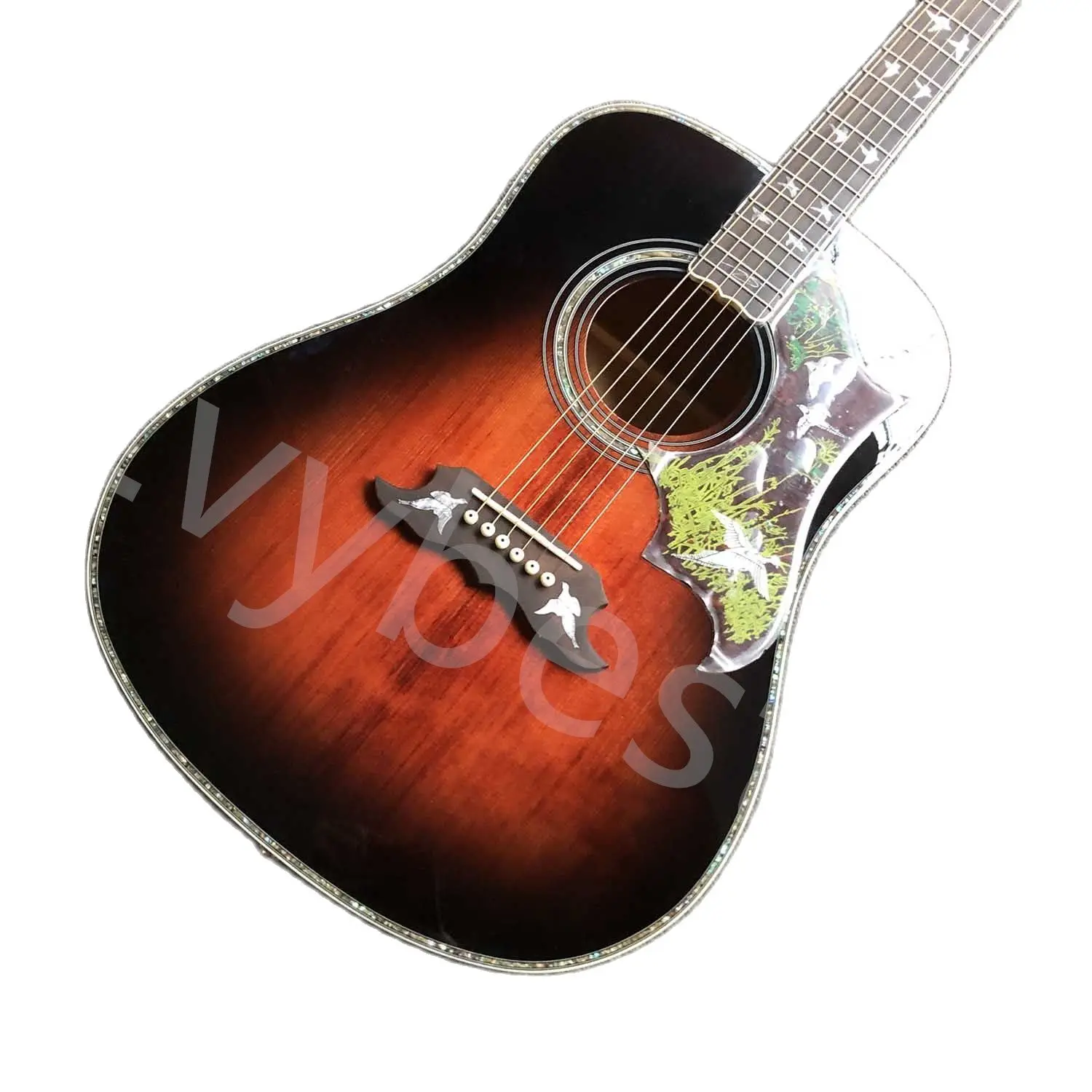 Personalizado Grand 6 cuerdas hecho a mano palomas personalizadas vuelo Dreadnought acústico sólido guitarra superior flameado arce parte trasera madera