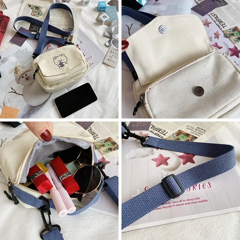 Bolso de lona para mujer, Mini bolso de tela con estampado de dibujos animados coreanos, bandolera para teléfono móvil, bolso pequeño para niñas