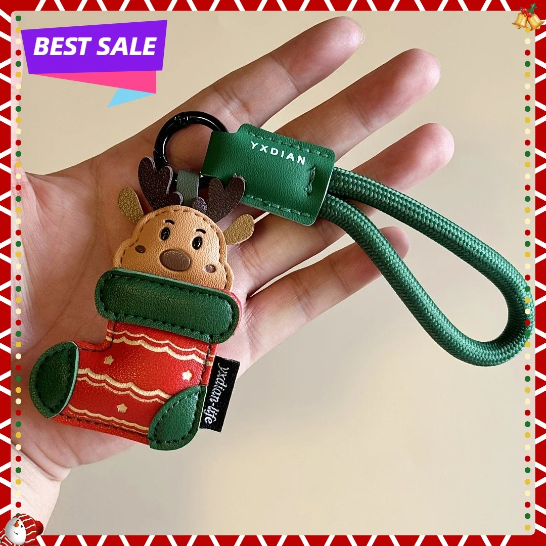พวงกุญแจคริสต์มาสสุดหรู 1 ชิ้น ลายซานตาคลอส กวางเรนเดียร์ สายสีเขียว วัสดุ PU ของตกแต่งกระเป๋า ของขวัญคริสต์มาส ของชำร่วยงานปาร์ตี้