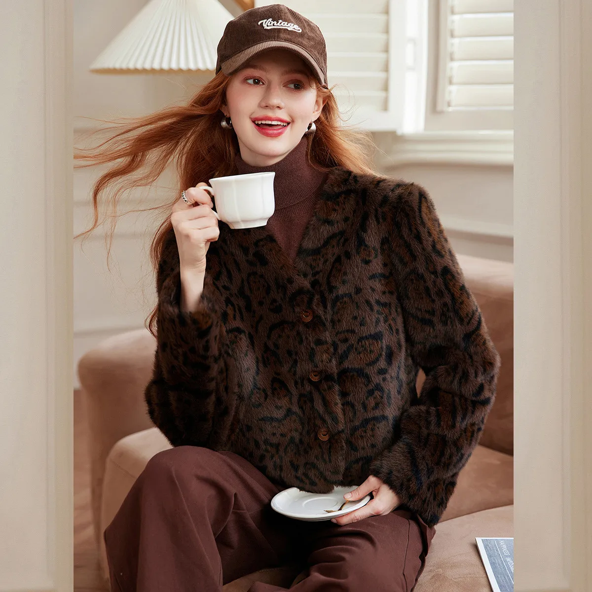 Elegant Women's V-Neck Faux Mink Fur Coat for Autumn Winter