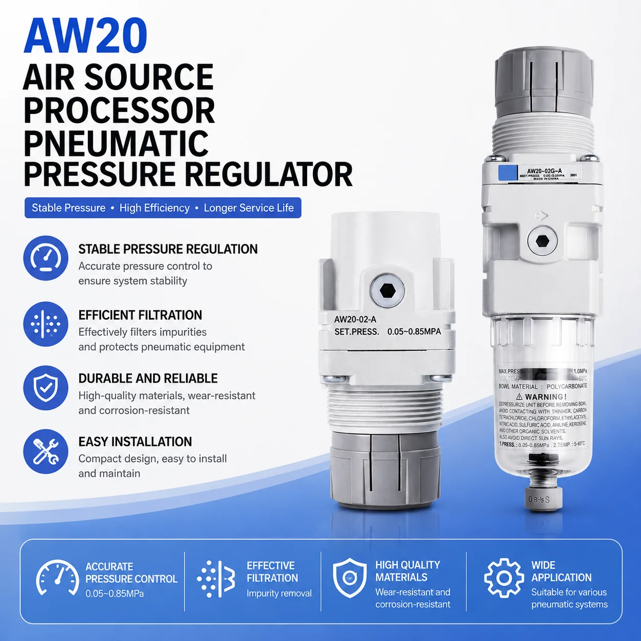 AFR Brand Pneumatic Pressure Regulating Valve For Gas Source Processor AR20 AW20 Pressure Regulating Valve With 6mm 8mm Fitting
