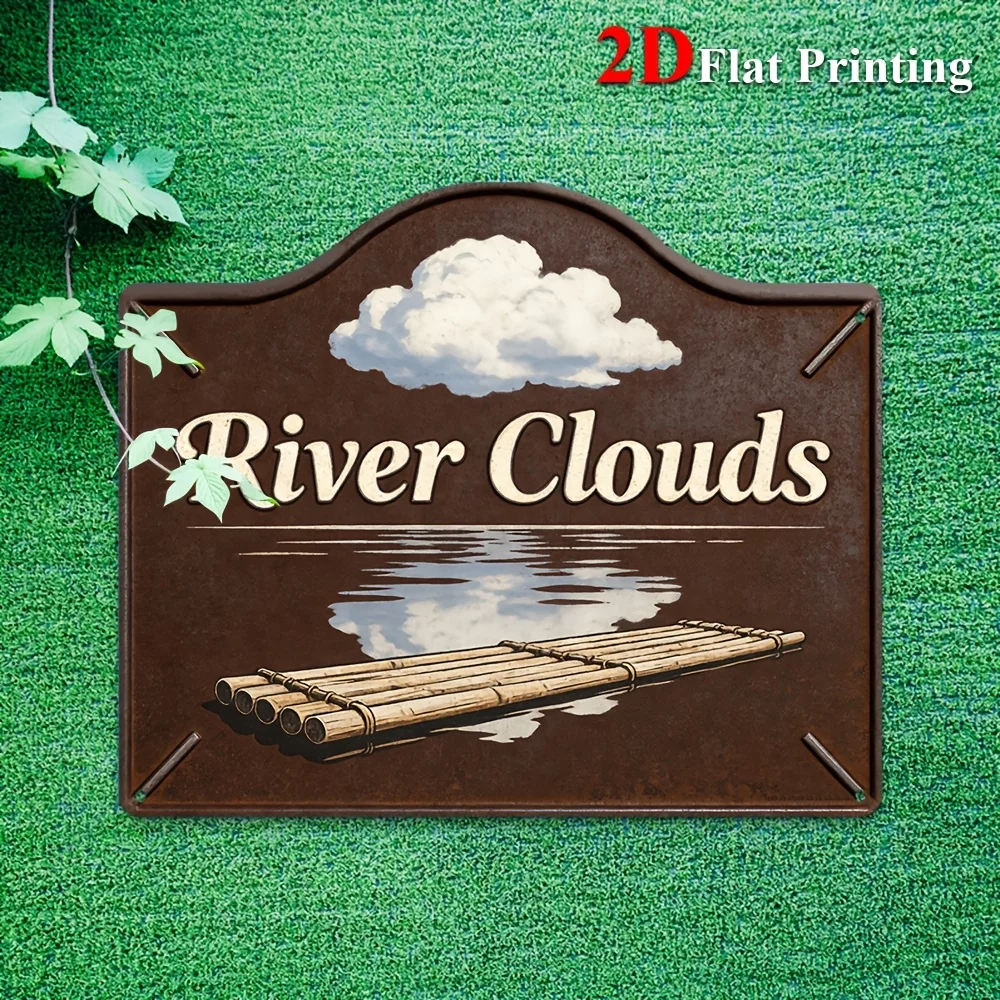 1pc 2D Flat Sign,A Metal Artwork Showcasing A Raft On Serene Waters With Reflections Of Clouds,Ideal For River-Themed Decoration