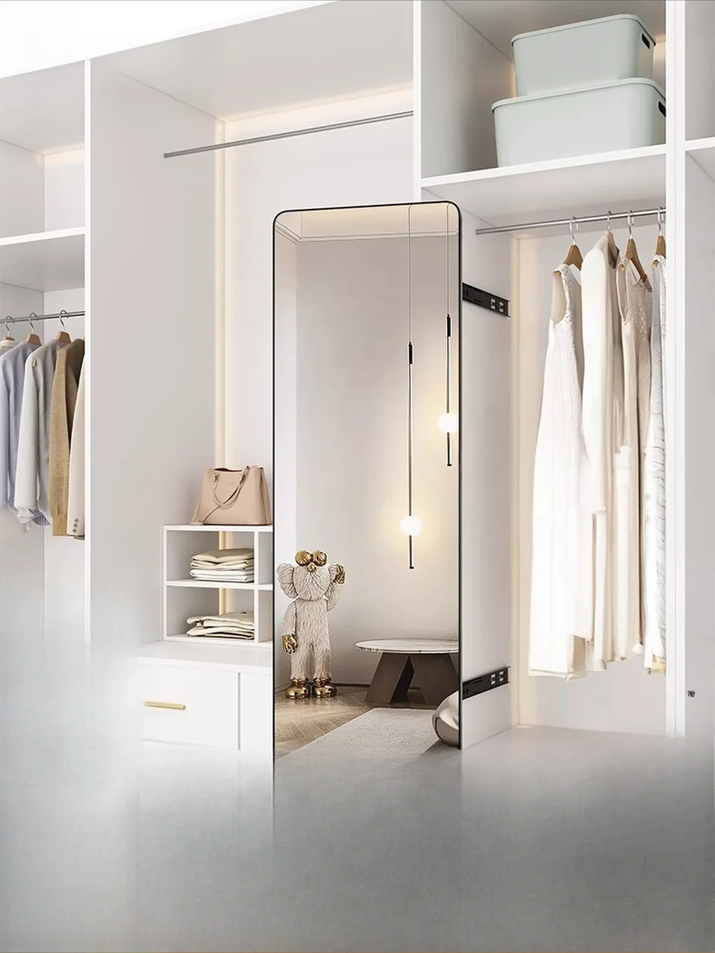 Wardrobe mirror with invisible full-body mirror, push-pull full-length mirror, hidden rotary telescopic slide rail, built-in fit