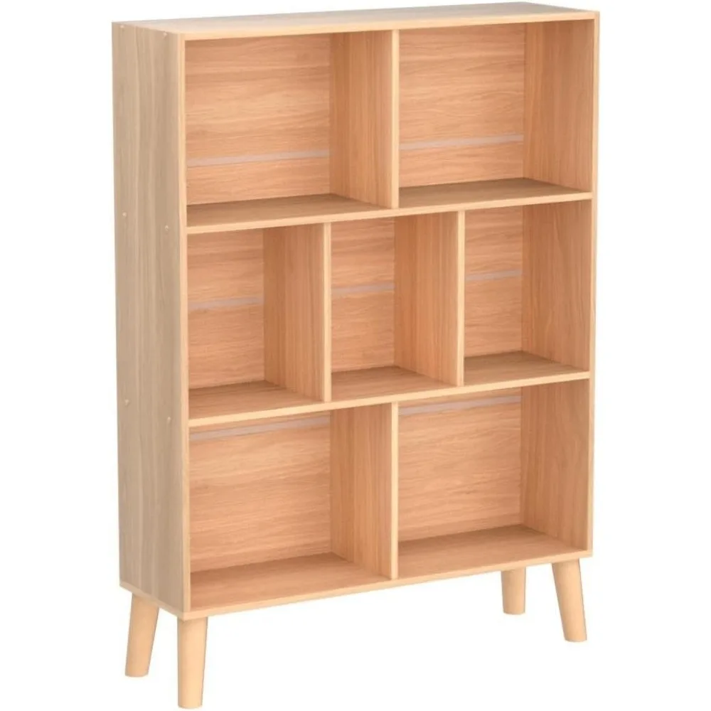 LEYAOYAO-Étagère à livres en bois naturel à 3 niveaux avec pieds, bibliothèque Boho, étagère de rangement ouverte moderne, 7 cubes