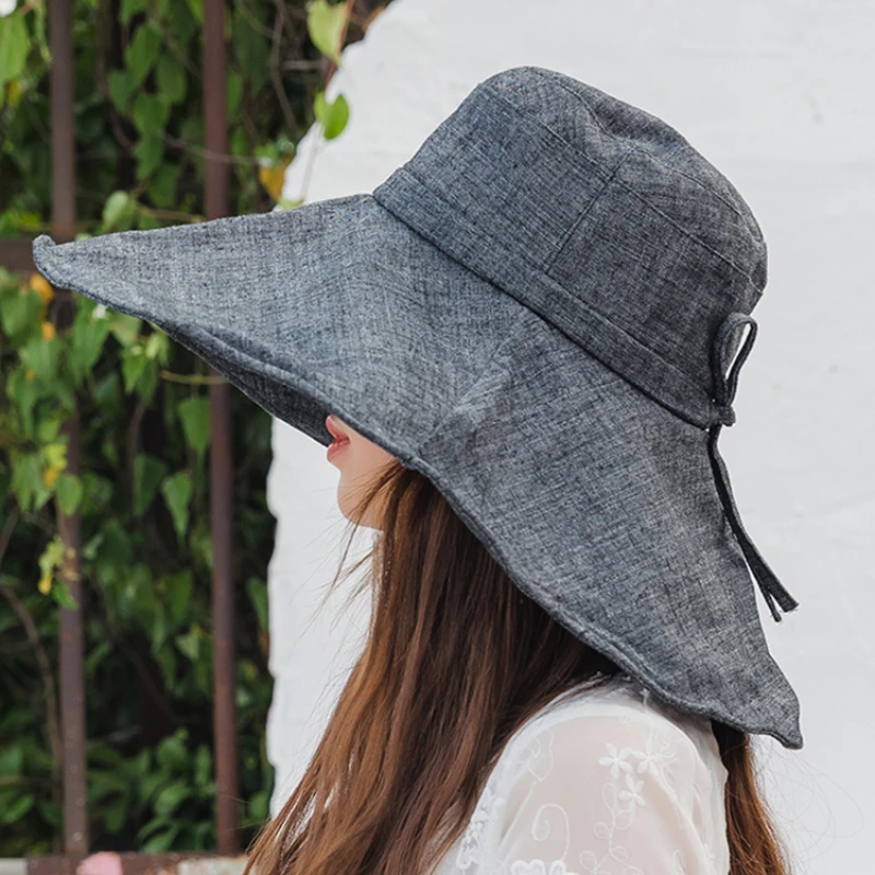 Summer 18cm Oversized Wide Brim Sun Hats Women Uv Protection UPF 50+ Sunshade Beach Hat Cotton Linen Foldable Bucket Hat Panama