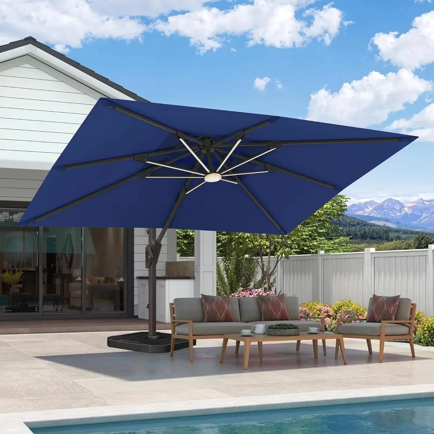 HOT 9x12 FT Double Top Rectangular Offset Umbrella with Base & LED Lights, Aluminum 7-Tilt 360° Rotation for Pool Garden Deck
