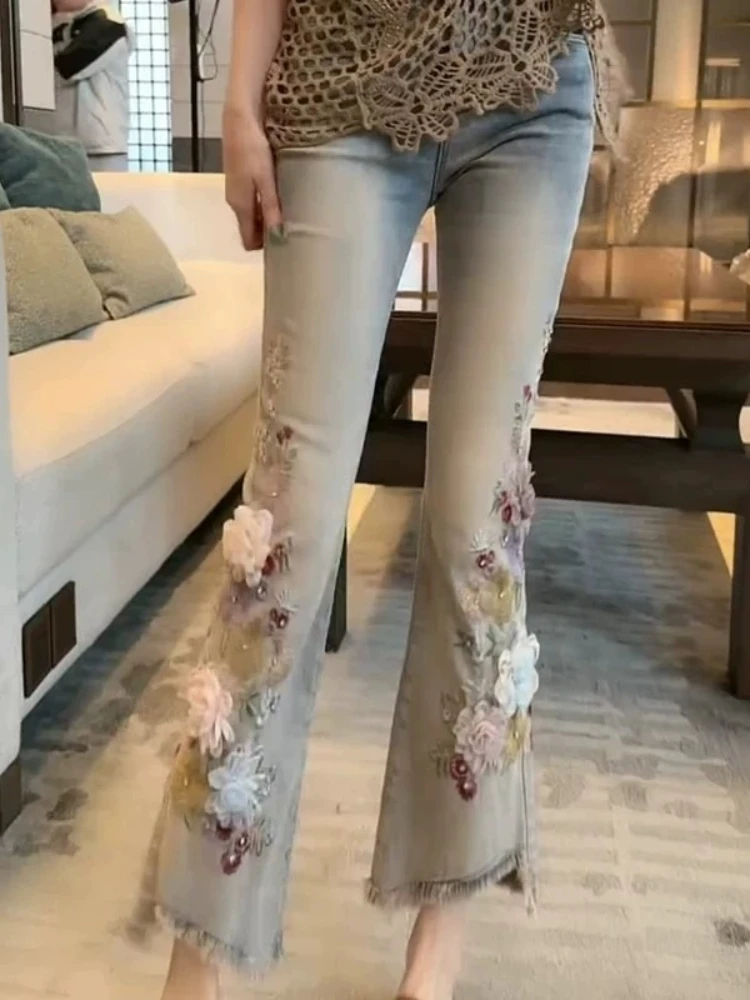 Jeans Blue Intricate Heavy Embroidery Flower High Waist Slimming Spring Summer Fashionable Versatile Raw Hem Trousers