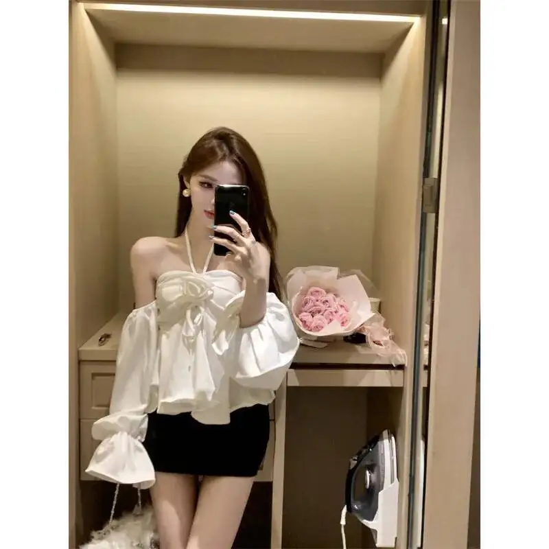 Kimotimo Flower Halter Crop Tops Women Sexy Sweet Off Shoulder Flared Sleeve Slim Fit Shirts Spring Summer All Match Y2k Blouse