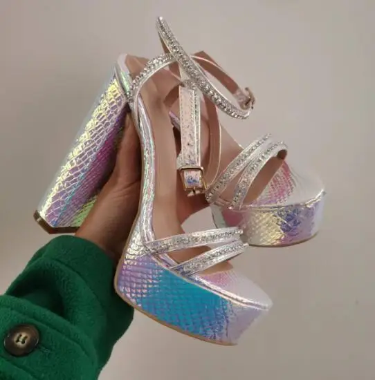 

Lavender Laser Bling Crystal Rhinestone Ankle Strap Chunky Heels Summer Sandals Women Open Platform Party High Heel Pumps Shoes