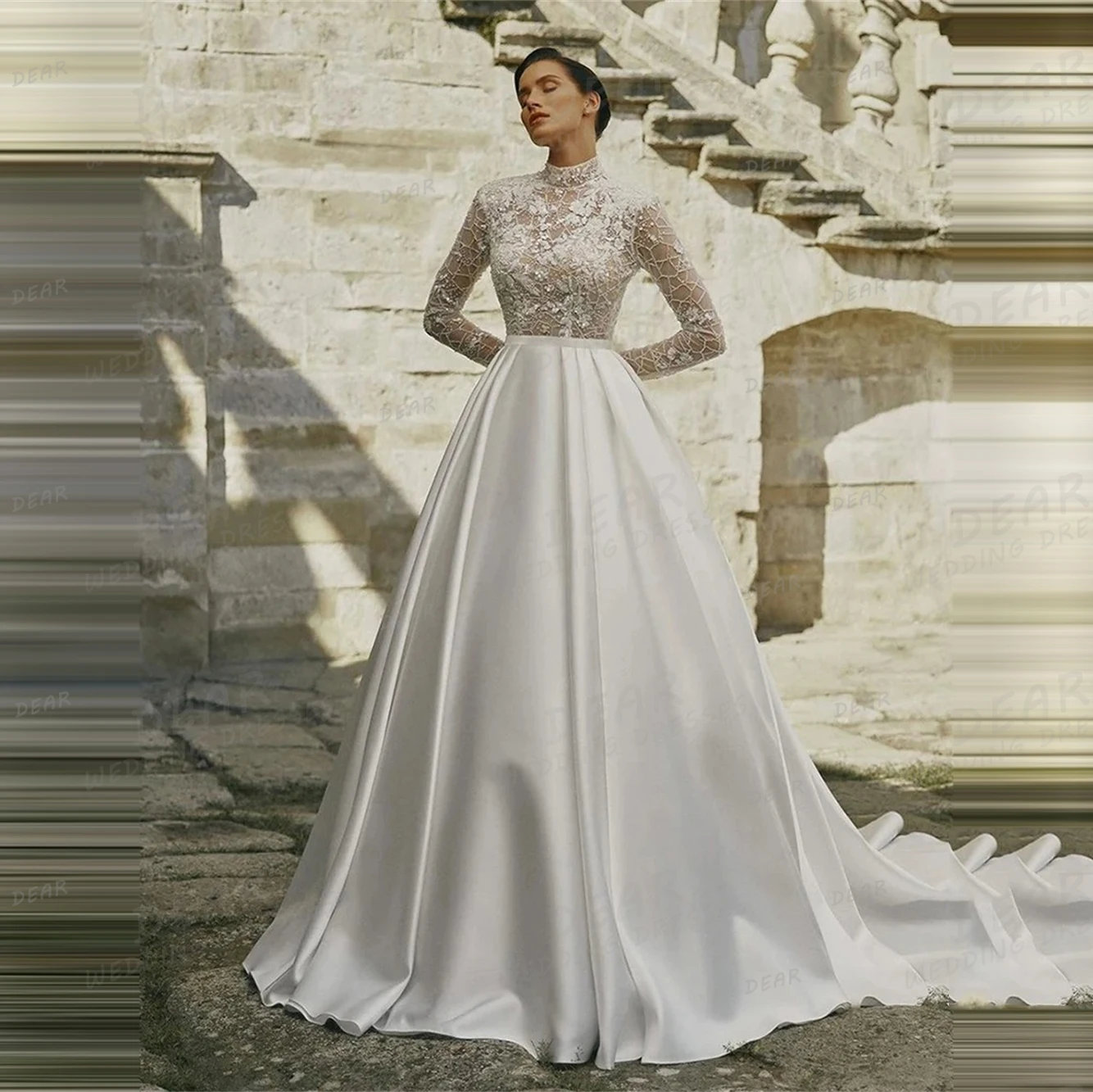 Semplici abiti da sposa con collo alto una linea per donna Appliques Sexy abiti da sposa A maniche lunghe pieghe in raso festa formale Vestido Novia