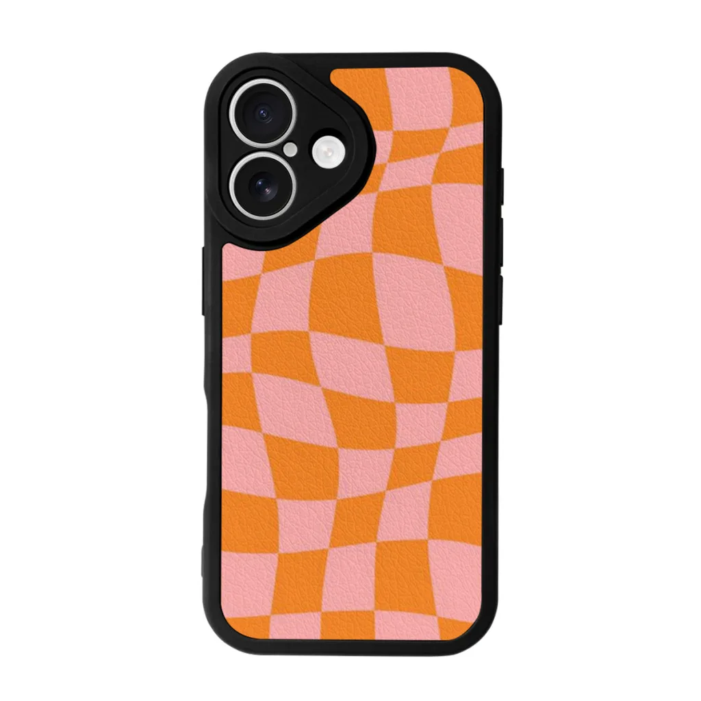 Phone Case For iPhone 16 Pro Max Plus Silicone Skin Case Warped Checkered Pattern (orangepink)