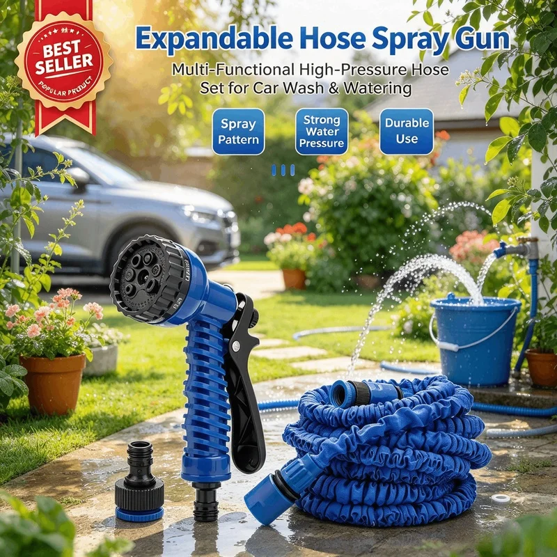 Expandable Magic Water Hose with Spray Gun, 7 Spray Modes High Pressure Water Pipe for Garden Watering & Car Washing