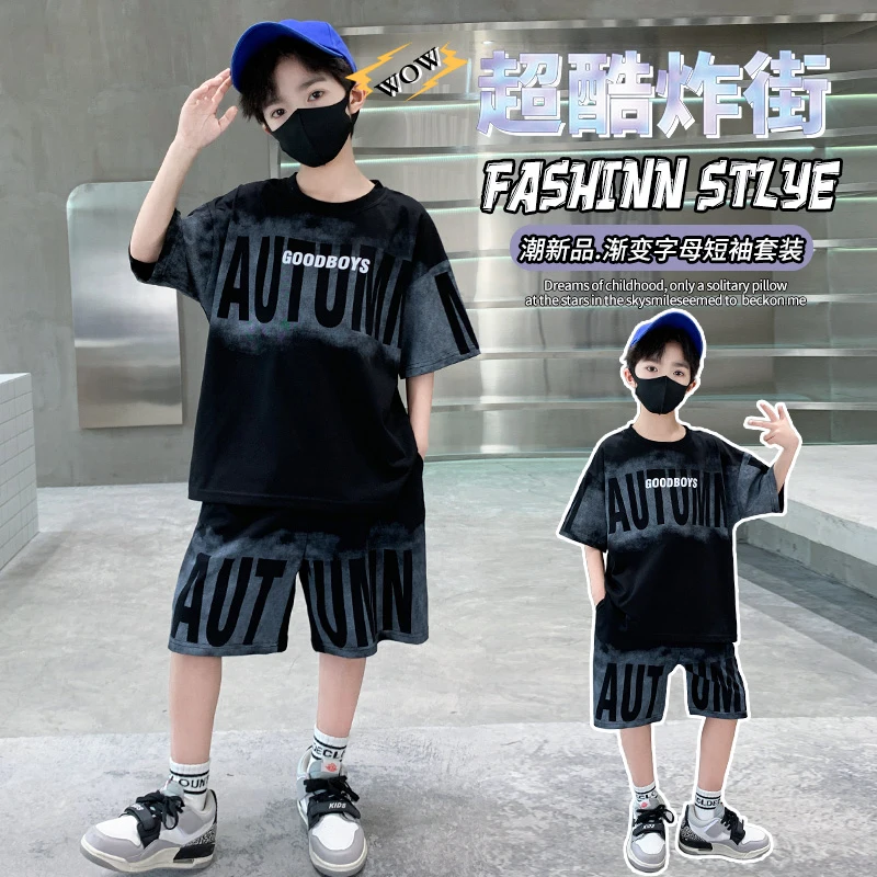 Summer Street Outfit Baby Boy Clothes Set Kids 2-Piece Tee+Short Pants Daily Letter Printed Clothing for Tween Boys Size 4-14Y