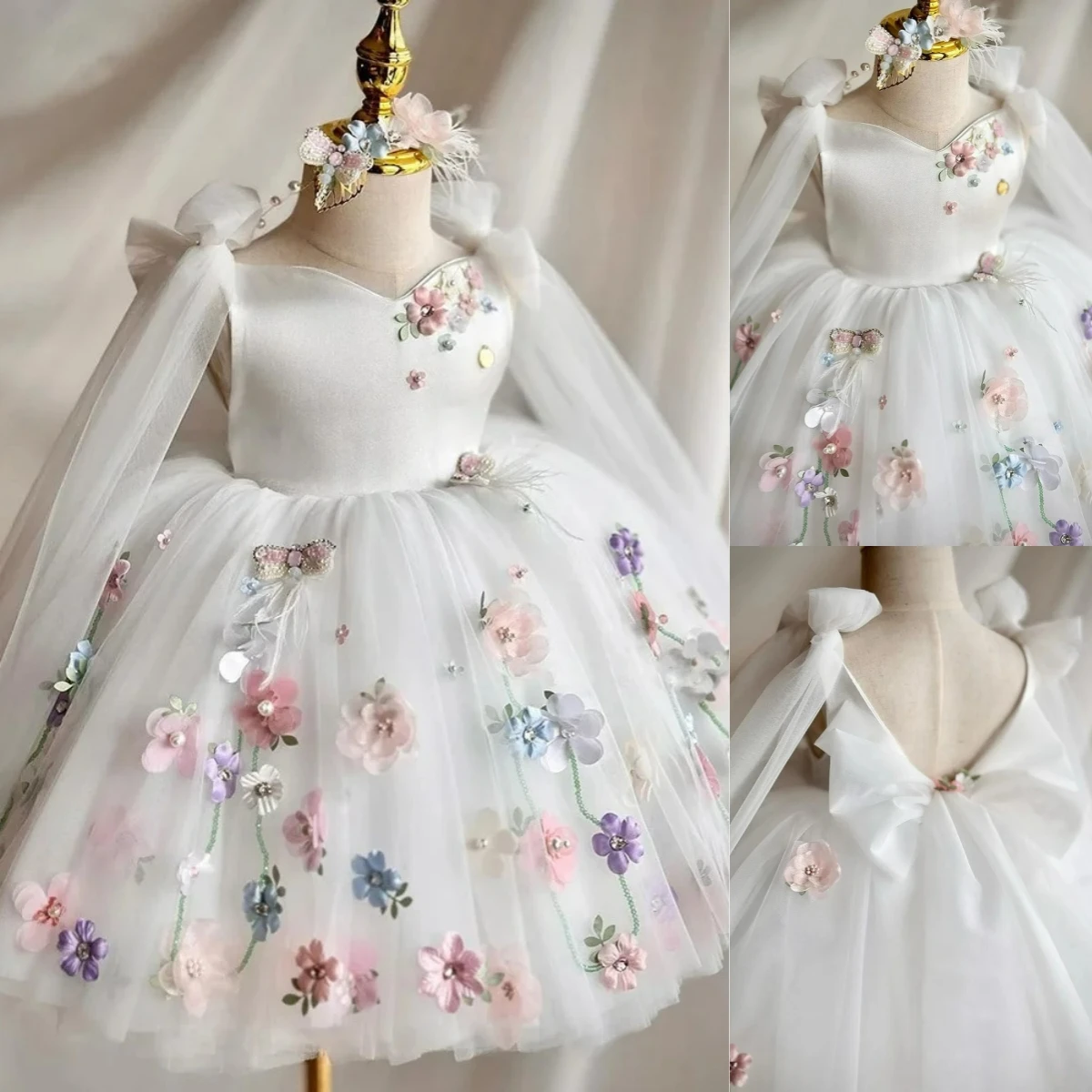 

Lovely Little Girls Flower Girl Dress Tulle Fluffy With Quality 3D Flowers Applique For Kids Wedding Birthday Christmas Gowns