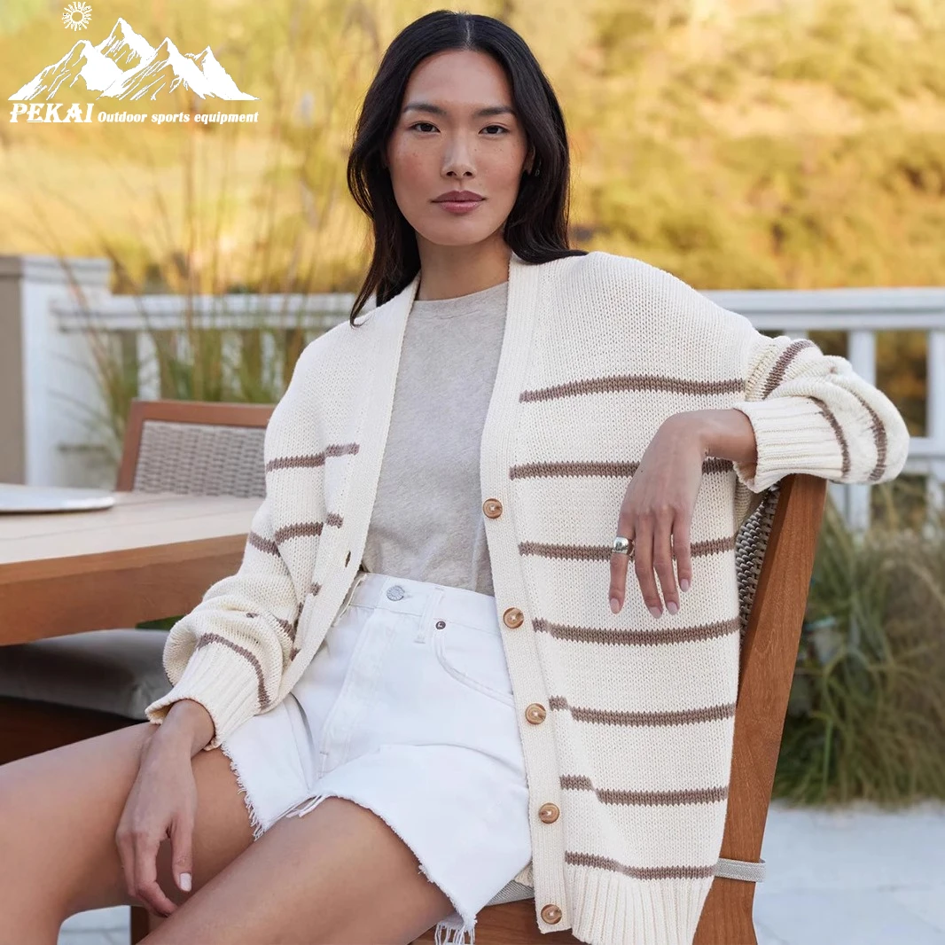 

Striped Knitted Women Cardigan European and American Autumn and Winter V-neck Cardigan Sweater Pure Cotton Striped Women Sweater