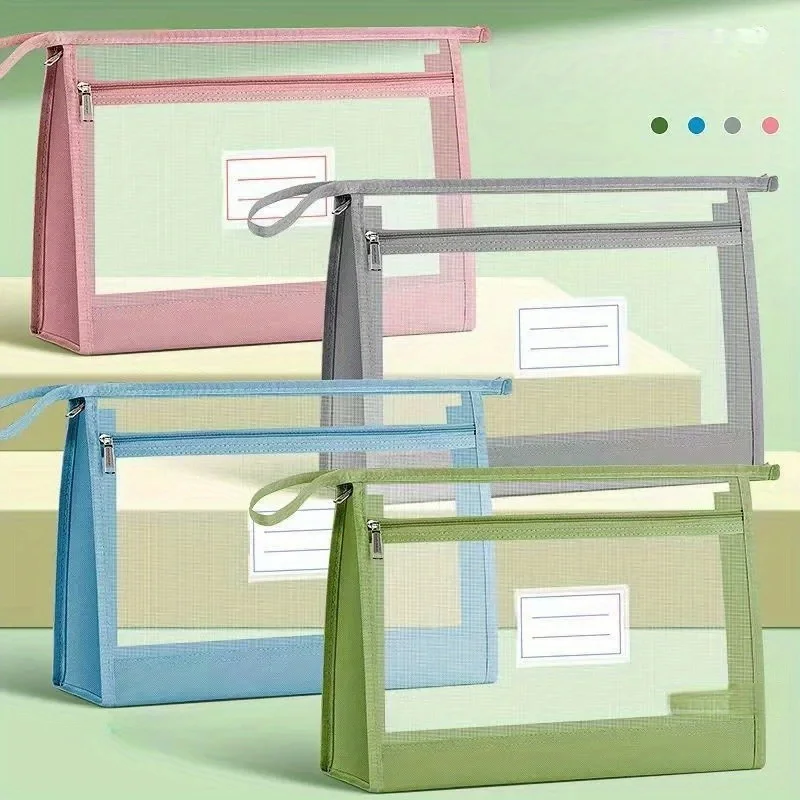 Double-Layer A4 Size Mesh Zipper Pouch Bags with Sticky Labels Board Game Puzzle Storage Travel Zipper Bags Nylon Mesh Bags