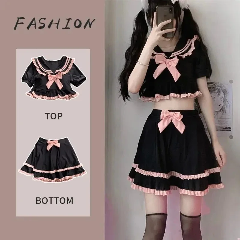 Cute School Girl Cosplay Sukumizu Bow Sailor Collar Two Piece Swimwear Black Lolita Ruffle Bikini Swimsuit Tops Skirt Set