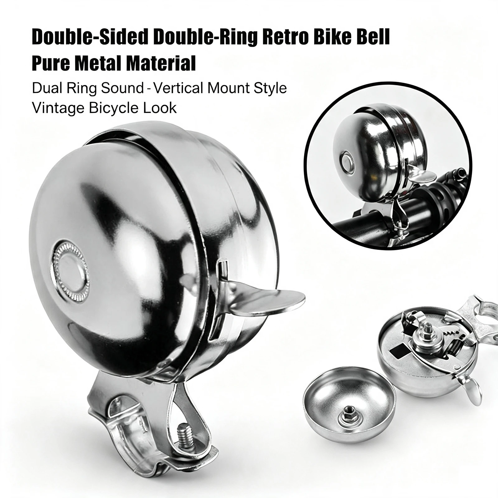 Doppelseitige Doppelring-Retro-Fahrradklingel aus reinem Metall, vertikal montierbar, passend für Mountainbikes, Rennräder und Falträder.
