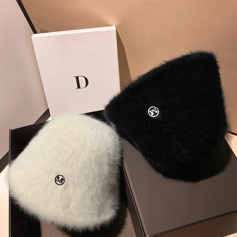 Korea Designer M Bucket Hat Woman Warm Plush Angola Rabbit Fur Hat Lady Autumn Winter Ins Fashion Basin Hat Retro Fluffy Panama