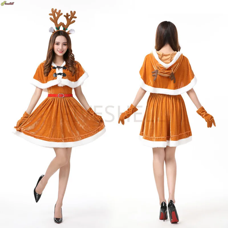 

New Christmas Costume Women Reindeer Brown Fashion Dress Uniform Women Deer Elk Hooded Shawl Cute Outfits Cosplay Costumes