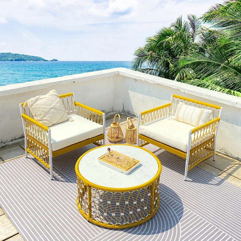 Modern Outdoor Sofa Courtyard Outdoor Balcony Terrace Rattan Sofa Stone Plate Coffee Table Combination Outdoor Furniture