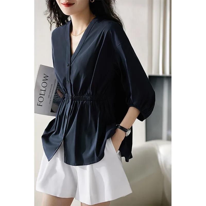 

Весна 2025, новая кукольная рубашка с рукавами-фонариками, хлопковая рубашка из чистого хлопка, женская три цвета, длина с пятью рукавами, антивозрастной модный топ