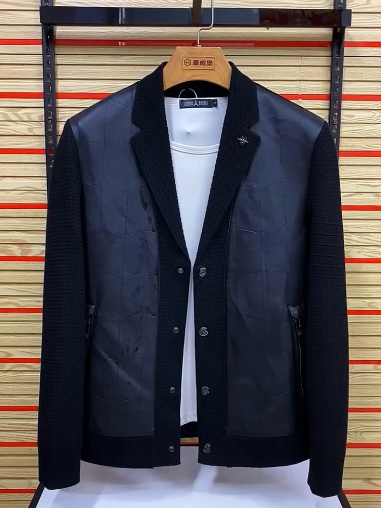 

Ele Briti Sle Men's Suit Jaet Knitted Sve Patchwork Color Blo Casual Autumn Spring Faion Outerwear Coat