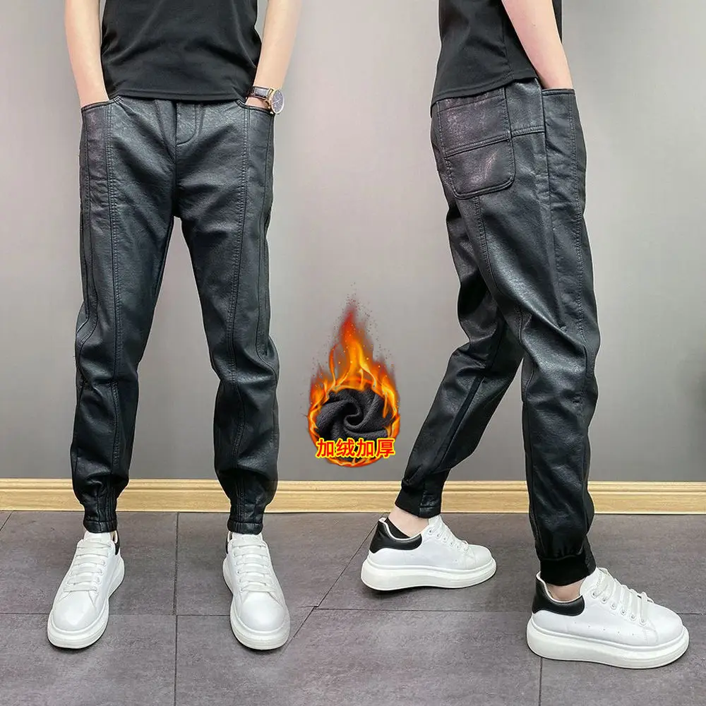 Fleece Trendy Brand Men's PU Leather Pants Waterproof Windproof Youth Solid Leggings Loose Casual Versatile Small Feet Trousers