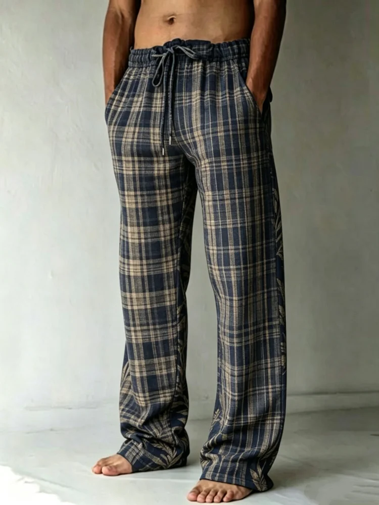 Men's Retro Grid Plaid Leaf Pattern Elastic Drawstring Straight Floor Length Soft Casual Daily Pants