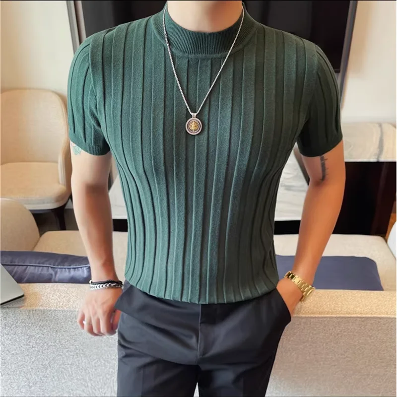 

Мужская трикотажная футболка с короткими рукавами и полувысоким воротником, осень-зима, новый облегающий эластичный однотонный свитер, футболка, мужская одежда