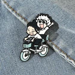 Cartoon Anime Jujutsu Kaisen Metal Enamel Brooch Cute and Creative Gojo Satoru Geto Suguru Ride on A Bicycle Pin Accessories