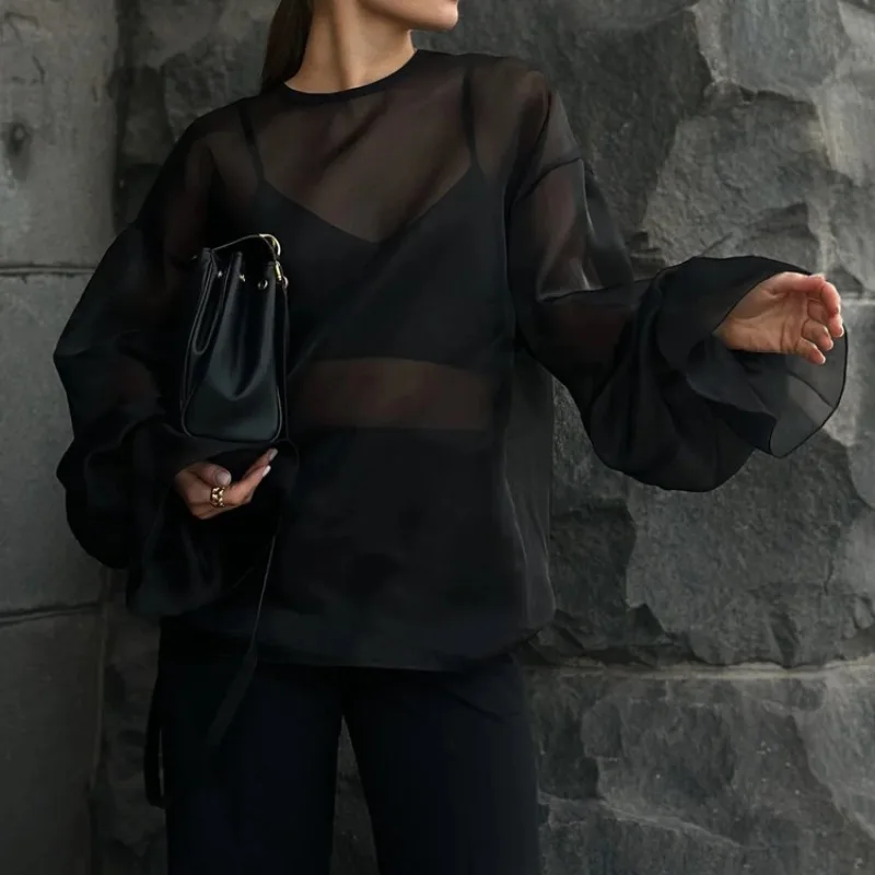 Damen Transparente Mesh-Bluse Langarm Durchsichtige Hemden Lässige Streetwear Sexy Damen Durchsichtige Überzieh-Bluse Sommer-Bluse – Detail 14