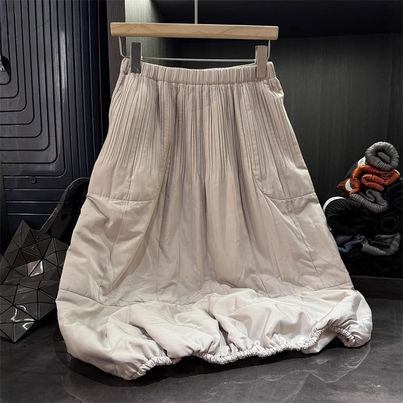 

Осень-зима 2022, новая плиссированная шикарная утолщенная женская юбка с эластичной резинкой и высокой талией, теплые стеганые женские юбки средней длины с подкладкой