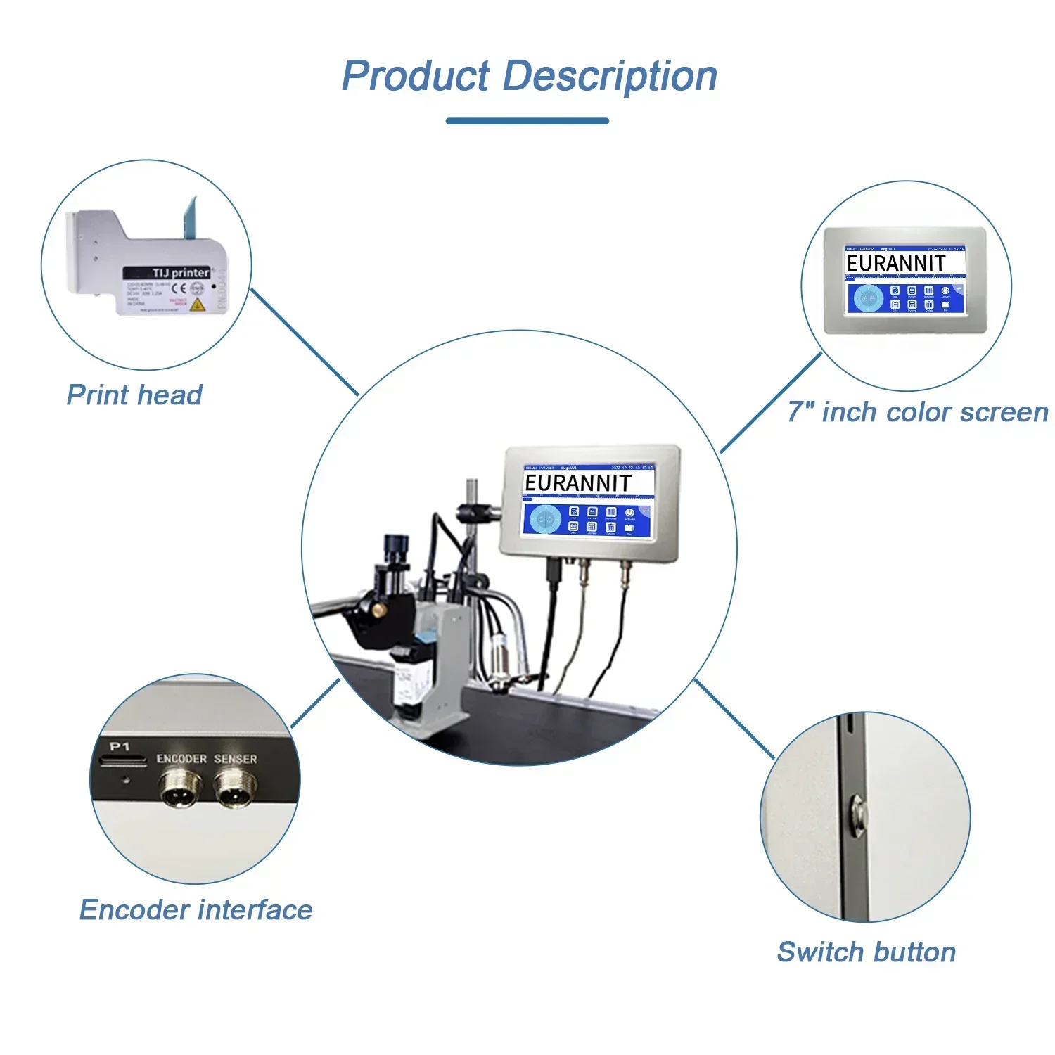 EURANNIT TIJ Printer 12.7/25.4mm Online Thermal Inkjet Printer Datamatrix Barcode Number Date Text Logo Printing Machine
