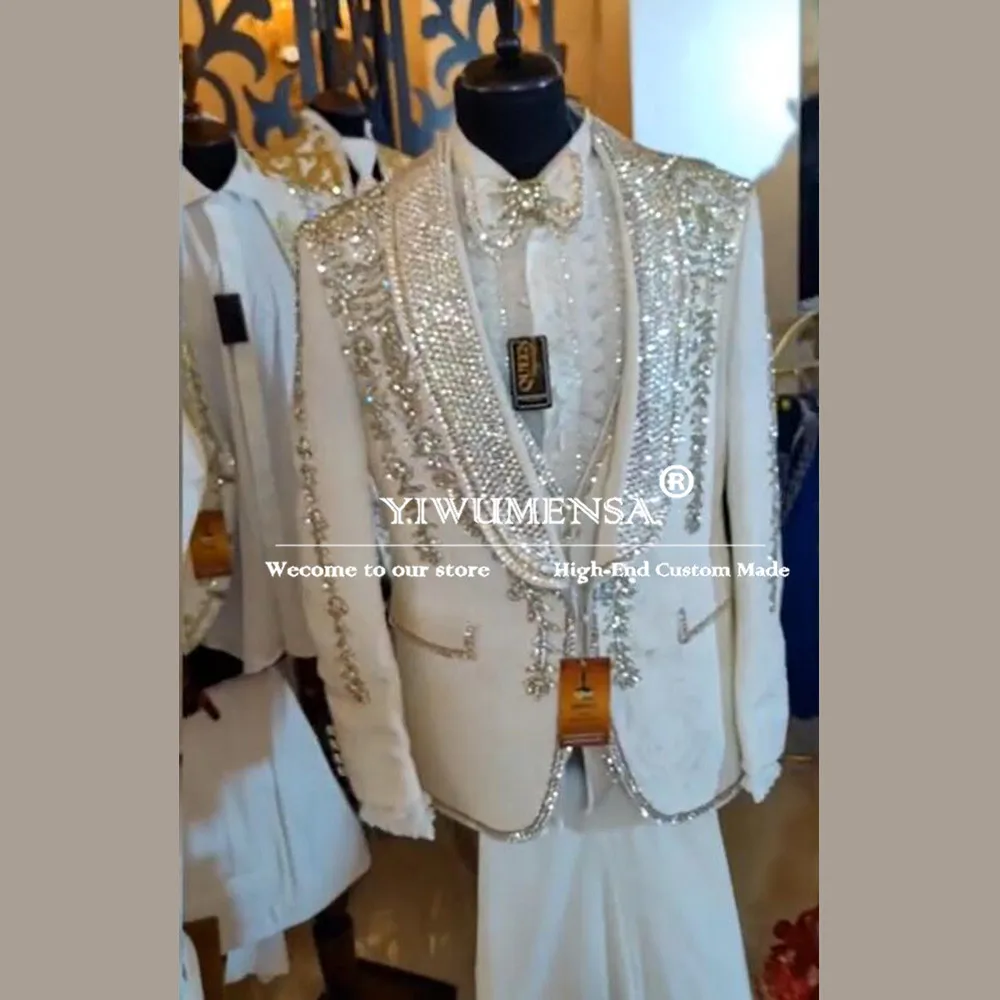 Luxury Beaded Tuxedos Customized Men Suits For Wedding Prom 3 Pieces Single-Breasted Blazers Male trajes elegante para hombres