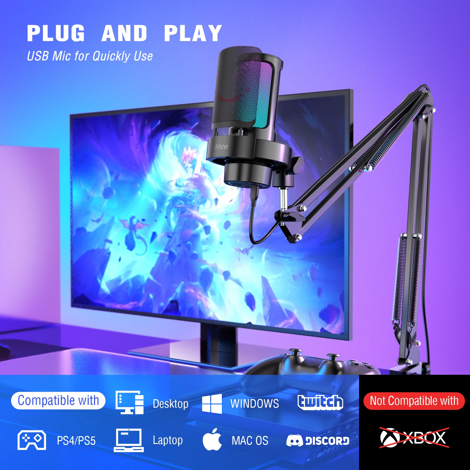 FIFINE USB Microphone Kit with Boom Arm and Pop Filter for Recording and Streaming on PC/Mac,Quick Mute＆Headphone jack-A8T