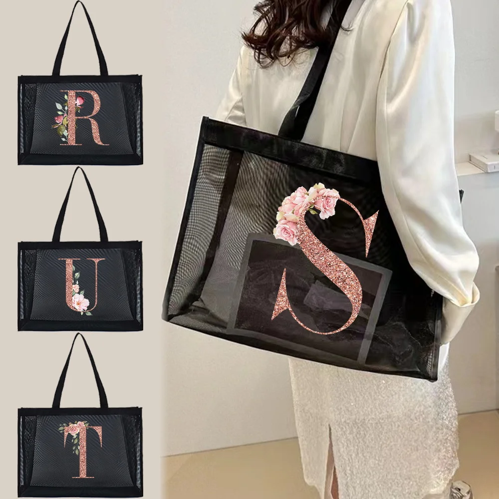 Transparent Tote Bags Mesh Shopping Bag Travel Storage Handbag Women Wallets Organizer Grid Package Rose Gold Printing Series