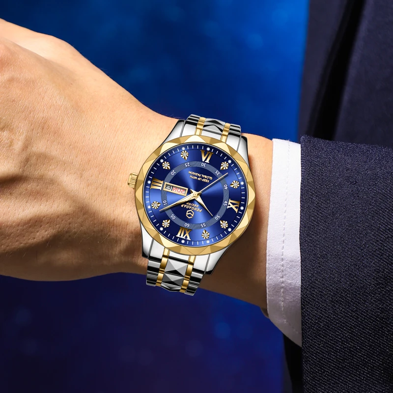 POEDAGAR メンズ高級腕時計 ステンレススチール 防水 夜光 デイデイト カジュアル ファッション クォーツ腕時計 メンズ時計