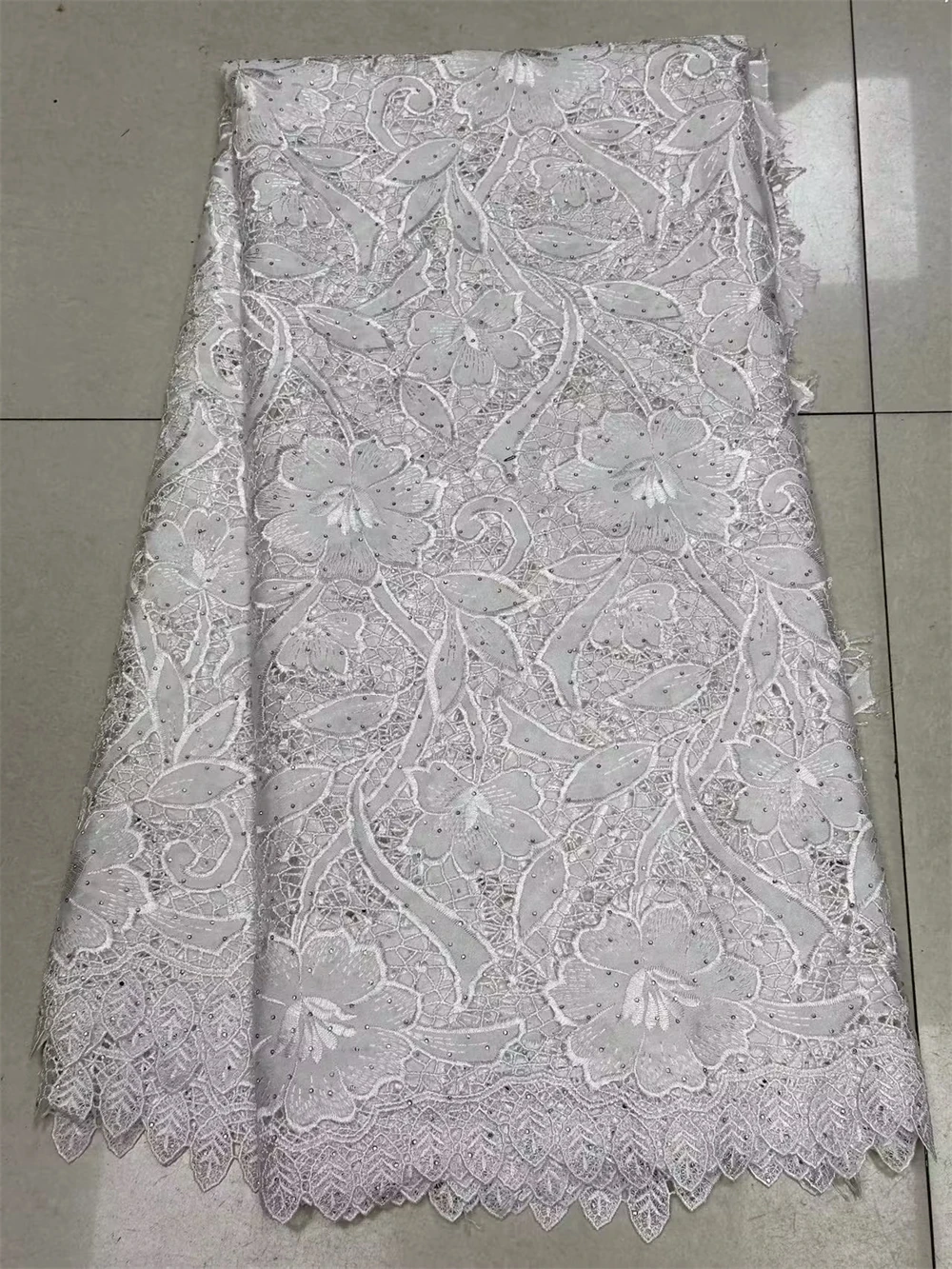 

White Guipure Lace with Stones, African Cord Lace Fabric for Wedding Dress, High Quality, 5 Yards